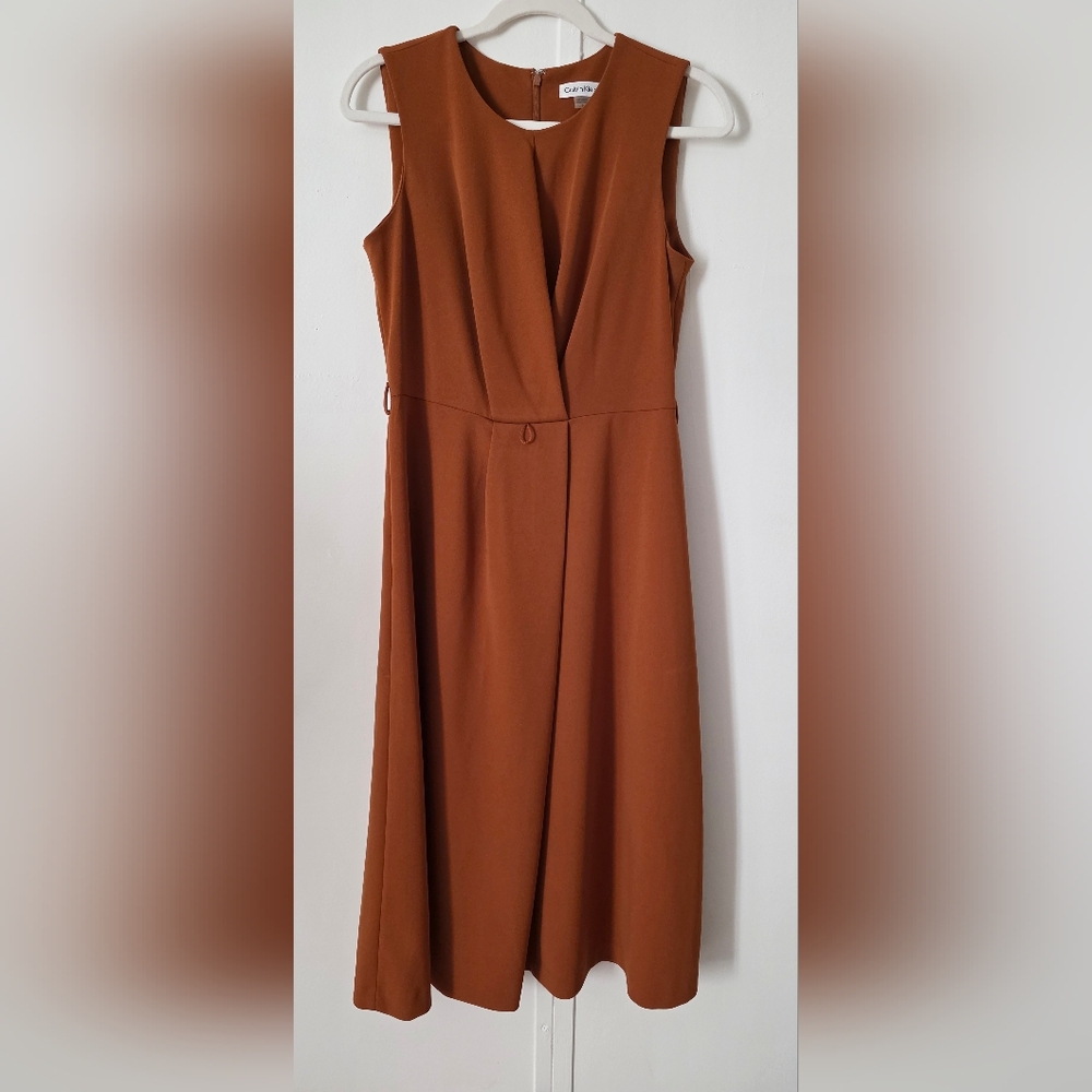 Calvin Klein Brown A-Line Midi Dress Plunge Neckline